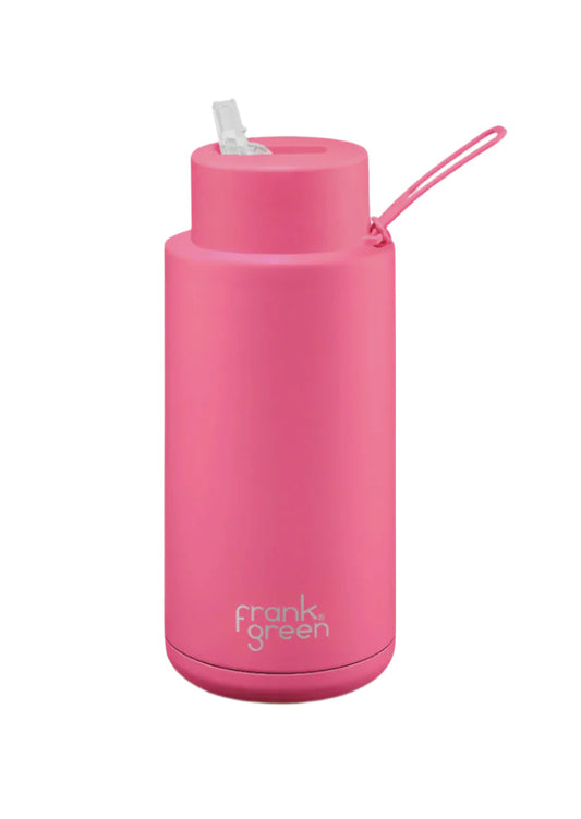Ceramic Bottle w Straw Lid 1ltr Neon Pink