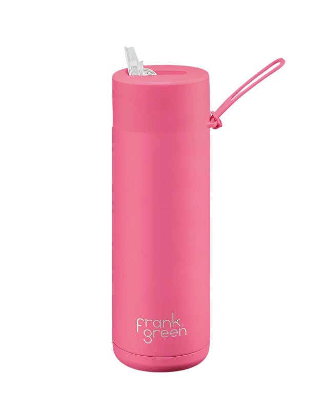 Ceramic Bottle w Straw Lid 595ml Neon Pink