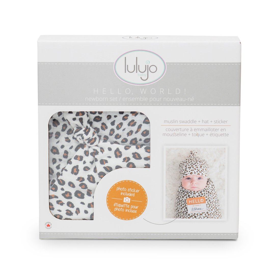 Hello World Bamboo Swaddling Blanket & Matching Hat - Leopard