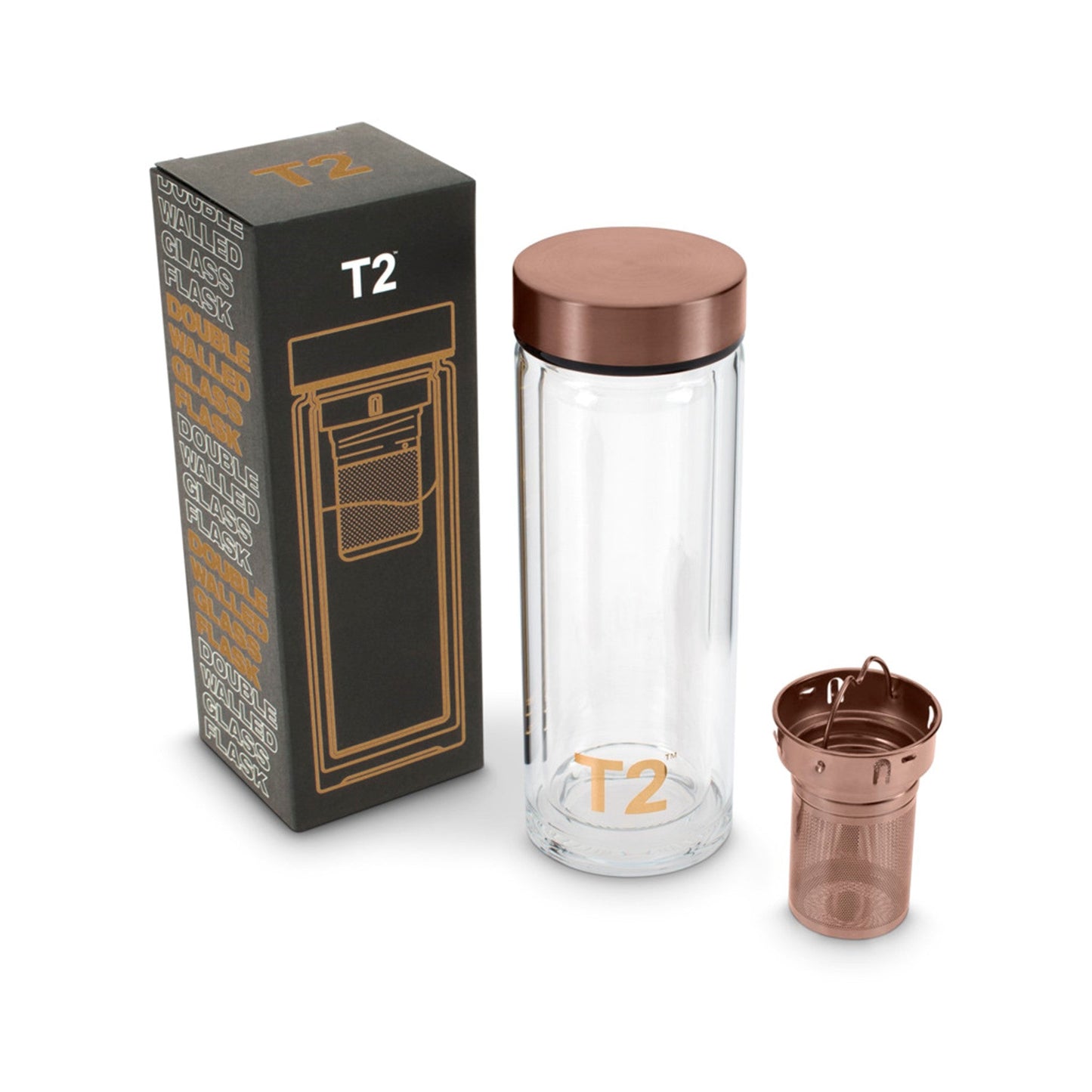 T2 Double Walled Glass Flask Rose Gold