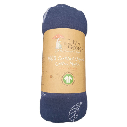 Organic Cotton Muslin Blue Leaf