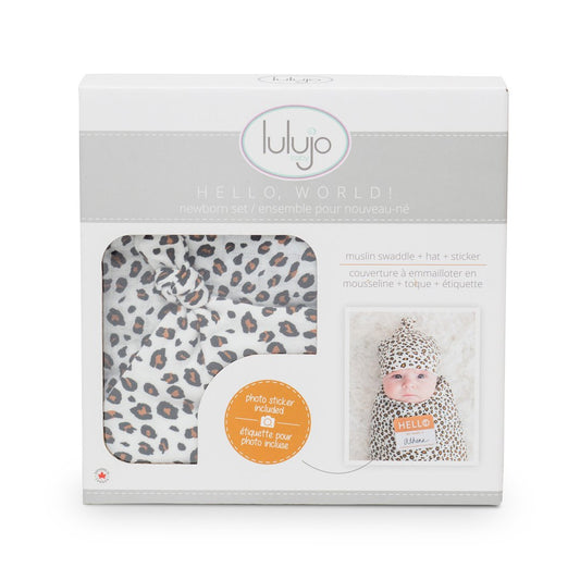 Hello World Bamboo Swaddling Blanket & Matching Hat - Leopard