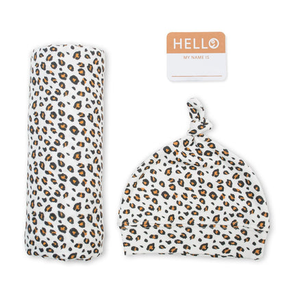 Hello World Bamboo Swaddling Blanket & Matching Hat - Leopard