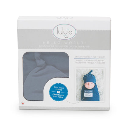 Hello World Bamboo Swaddling Blanket & Matching Hat - Navy